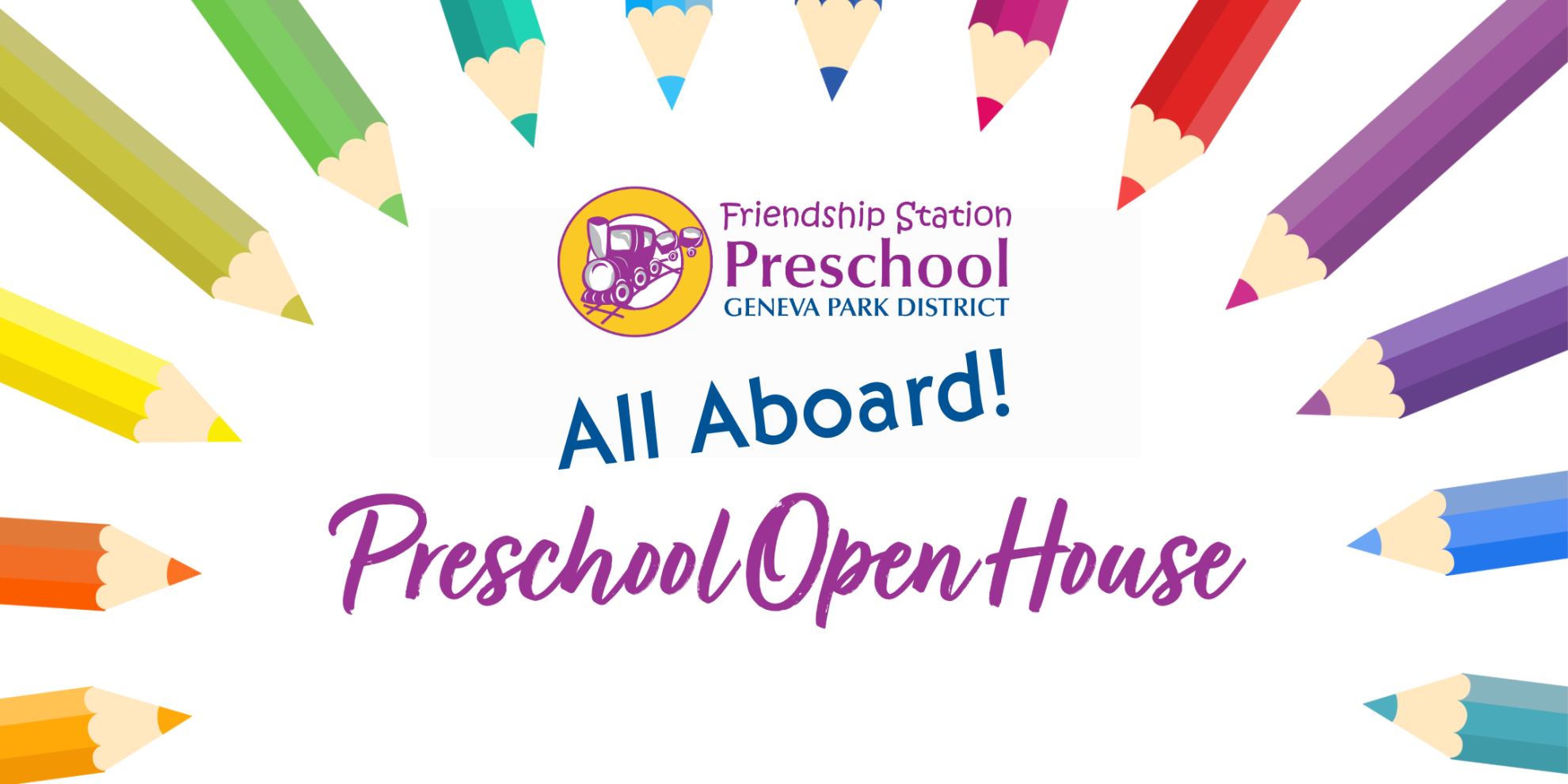 Friendship Station logo with train and words saying aboard Preschool Open House