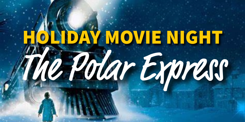 Polar Express Movie Night boy standing in front of train at night