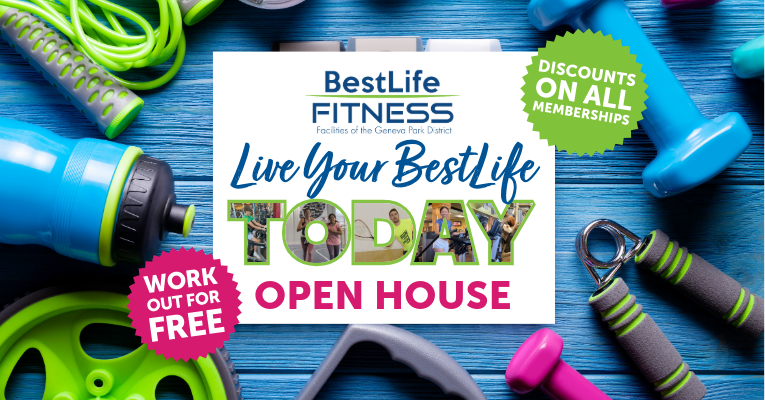 colorful workout accessories with bestlife fitness logo and words live your best life today at open house