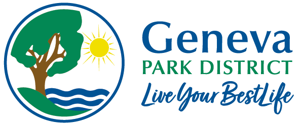circular logo with tree, river and sun inside. Geneva Park District Live Your BestLife