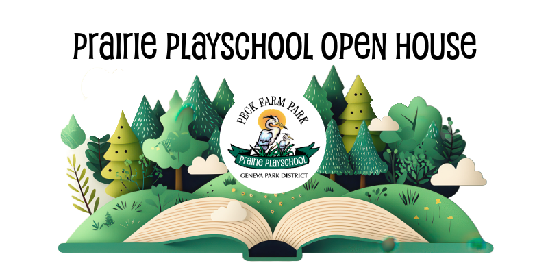 Colorful trees behind an open book with words Peck Farm Prairie Playschool Open House